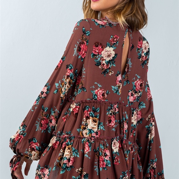 Boho baby doll top. Brown with flowers. 3 left. - Picture 3 of 4